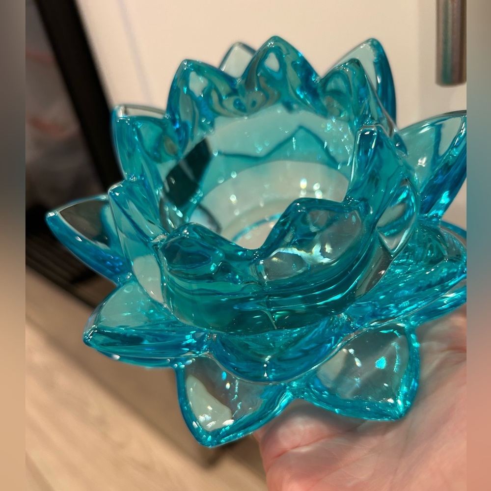 Crystal Blue-Green Glass Lotus Flower Candle Holder Exc. Cond. No Chips/Cracks